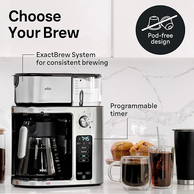 Braun MultiServe Plus 10-Cup Drip Coffee Maker - Hot &amp Cold Multi-Serve Brewer with Programmable Timer and Auto Start Over Ice Function Stainless Steel &amp Pod-Free Design KF9270SI
