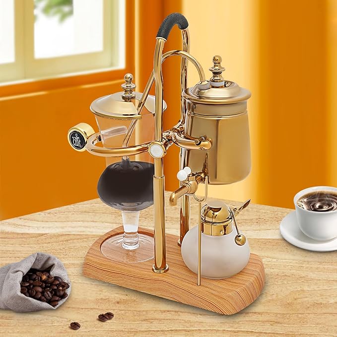 Vintage Belgian Syphon Coffee Maker Gold Luxury Balance Retro Balance Siphon Coffee Pot with Tee Handle for Extract Coffee And Brew Tea (Gold)