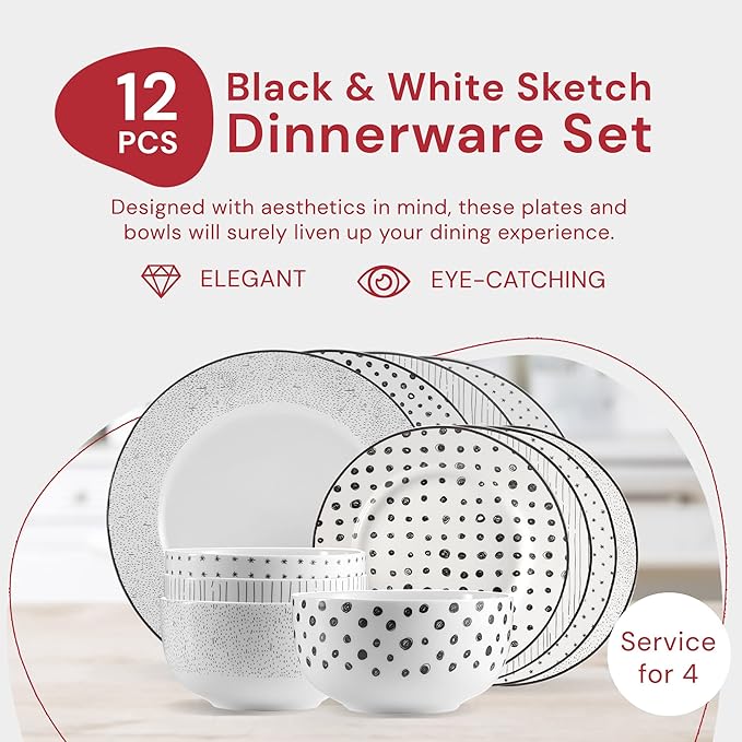 Safdie &amp Co. 12-Piece Black &amp White Sketch Dinnerware Set Porcelain Includes Plates Bowls and Serving Dishes Dishwasher Safe