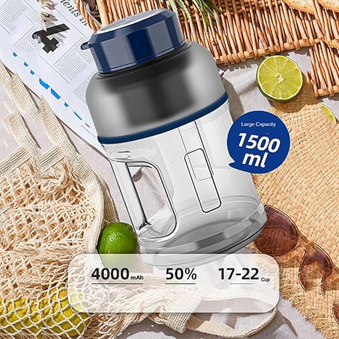 Portable Juicer Cup 1500ml Personal Juice Blender with Straw and 2 Lids 8pcs Blades in 304 Stainless Blades and 18000RPM 2000mAh*2 Batteries Rechargeable for Gym Travel Party Picnic