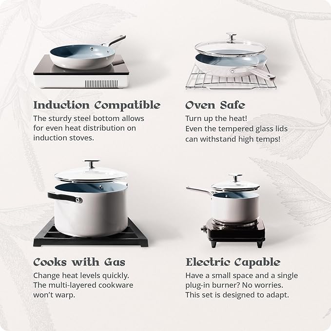 Premium Non-Toxic Ceramic Cookware Set – Triple-Layer Nonstick 12 Piece Pots and Pans with Lids PFAS-Free Oven Safe for Healthy Meals Space-Saving Design Birch White Color | Greater Goods