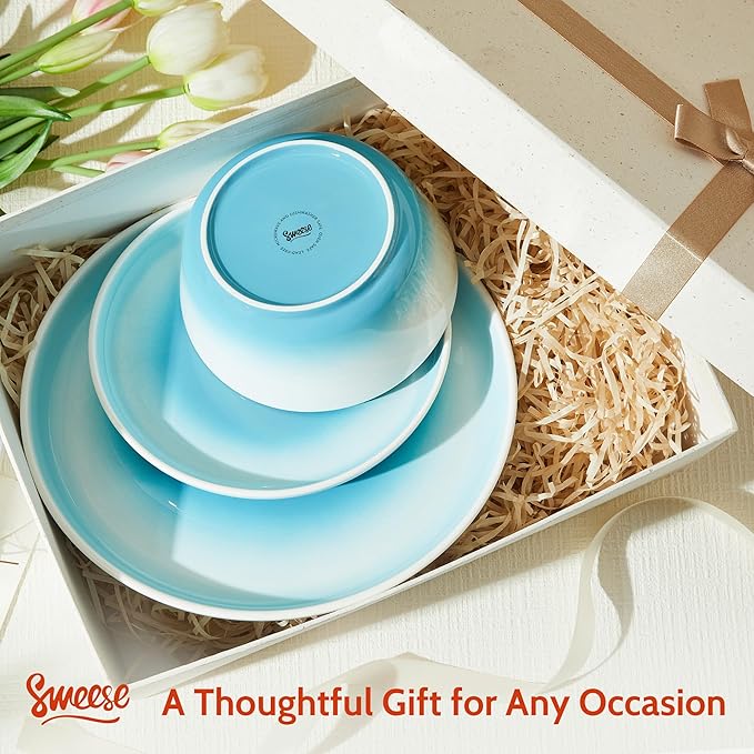 Sweese Porcelain Dinnerware Sets Handpainted Plates and Bowls Set for 6 Scratch Resistant Dinner Set Dishwasher and Oven Microwave Safe Dishes Set Blue