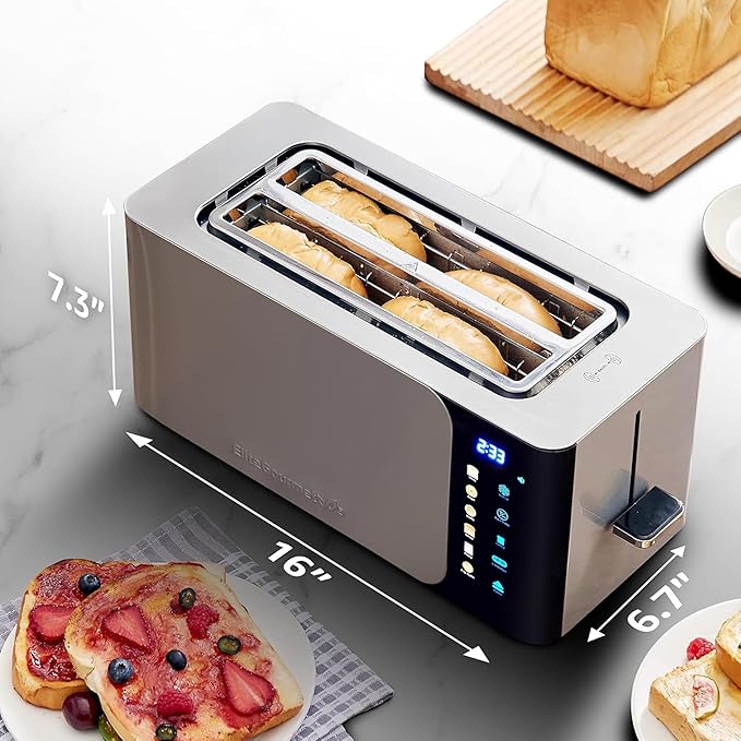 Elite Gourmet ECT5924D SmartToast Digital Long Slot 4 Slice Toaster 1.5” Wide Slots for Thick Breads &amp Bagel Function LED Touch Screen Countdown Timer 6 Shades Stainless Steel