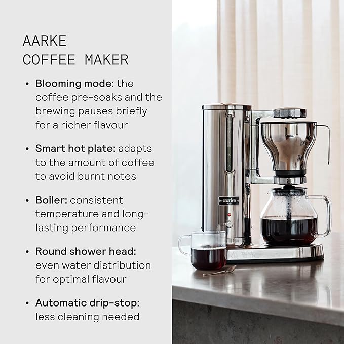 aarke Coffee Maker - Electric Drip Brewer with Automatic Drip-Stop Glass Carafe Brews Full Pot in Under 6 Minutes SCA certified Stainless Steel