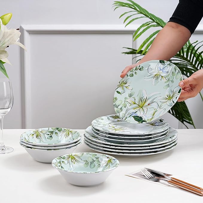 12-Piece Melamine Dinnerware Set - Shatterproof Plates and Bowls Sets for Everyday DiningElegant Lily Pattern Dish Set Outdoor Picnics and RV Camping Green &amp White
