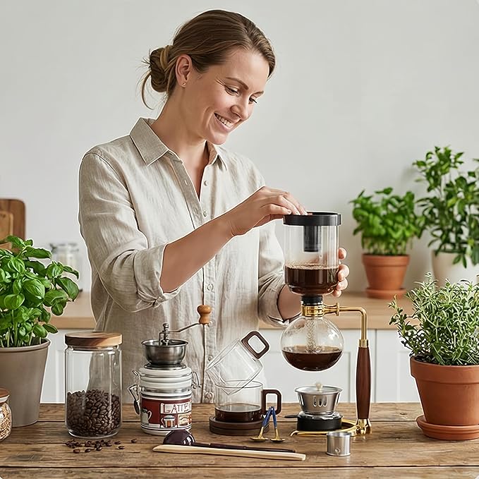 Siphon Coffee Maker 3-Cup (360ml) Japanese Vacuum Brew Pot with Coffee Grinder Glass Cup Storage Container Packaged Gift Box for Coffee Aficionados &amp Gift Giving