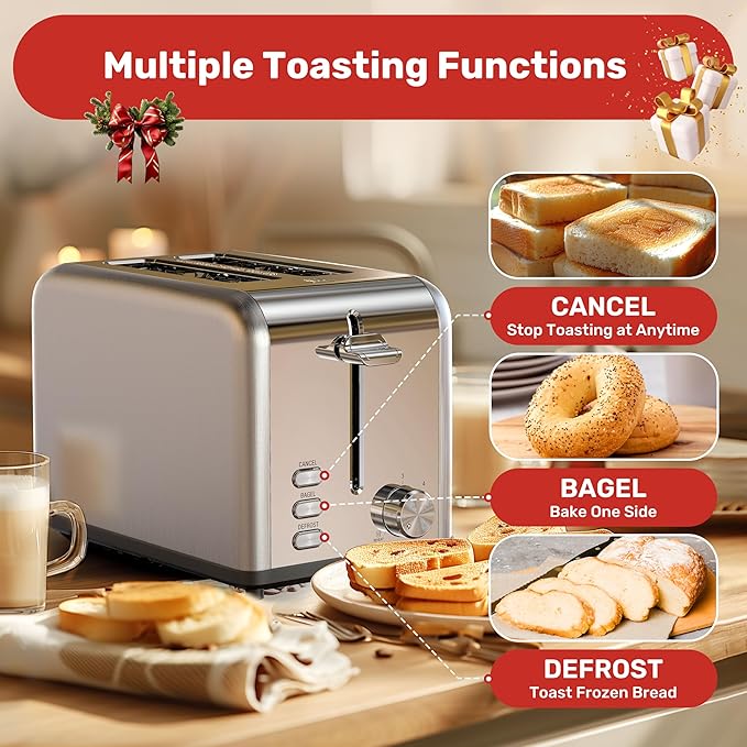 YSSOA 2 Slice Stainless Steel Toaster 6 Shade Settings and Bagel/Defrost/Cancel Functions with Extra Wide Slot &amp Removable Crumb Tray for Various Bread &amp Waffle Silver New