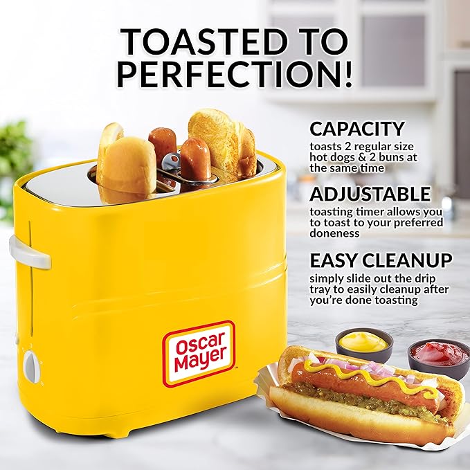 Oscar Mayer 2 Slot Hot Dog and Bun Toaster with Mini Tongs Hot Dog Toaster Works with Chicken Turkey Veggie Links Sausages and Brats Yellow