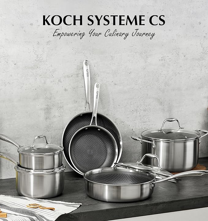 KOCH SYSTEME CS Triply Stainless Steel Cookware Set 10PCS Nonstick Hybrid Pots and Pans Set Nontoxic Kitchen Cookware Set with Honeycomb Interior Pots and Pans Set Non Stick Induction Compatible