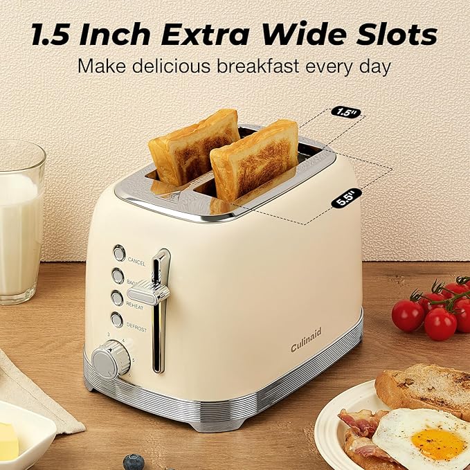 Toaster 2 Slice Retro Stainless Steel with 1.5” Extra Wide Slots Bagel Defrost Reheat Cancel Functions 6 Bread Shade Settings Removable Crumb Tray Cream White