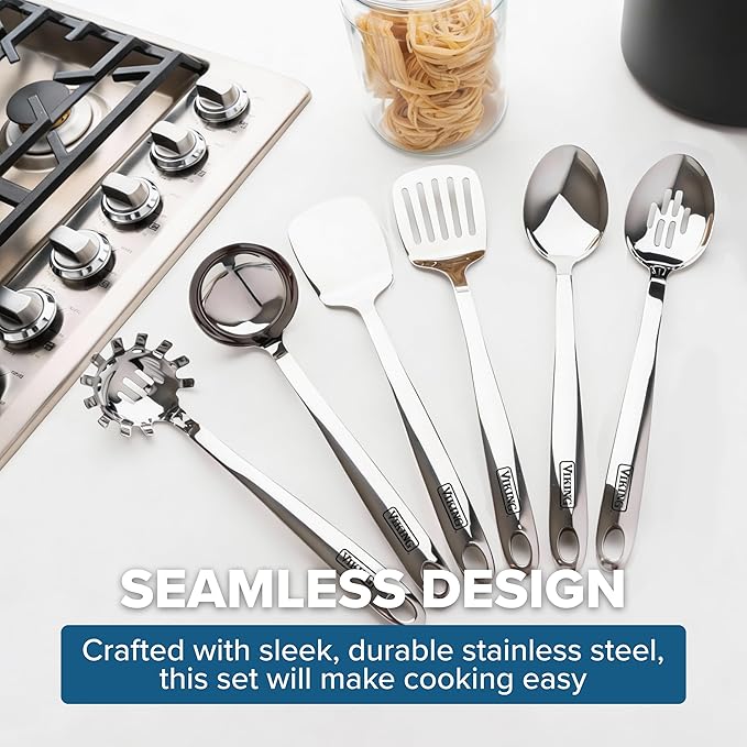 Viking Kitchen Utensils Set 6 Piece Stainless Steel Cooking Utensil Set Includes Spatulas Spoons Pasta Fork and Deep Ladle Hollow Forged Silver