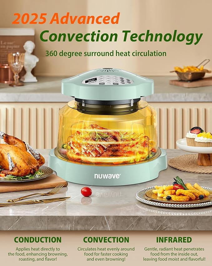 Nuwave Oven Pro Plus Air Fryer Infra-Red Countertop 2025 Advanced Convection No Defrosting or Preheating Cook Fresh or Frozen Durable Power Dome 100 Presets &amp 50 Memory PFAS Free Mint Gree