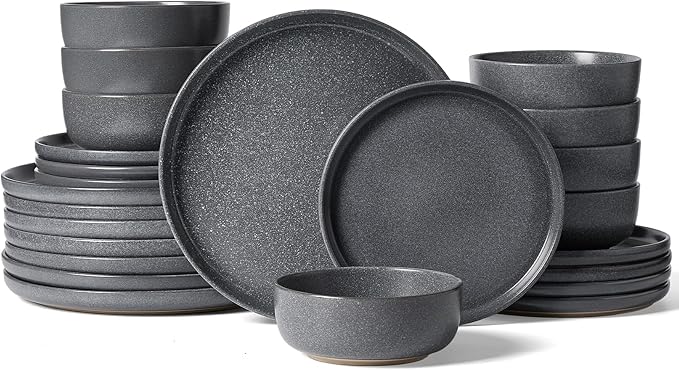 Famiware Milkyway Plates and Bowls Sets 24 Pieces Dinnerware Sets Reactive Glaze Dish Set Stoneware Dishes Set for 8 Matte Dark Charcoal
