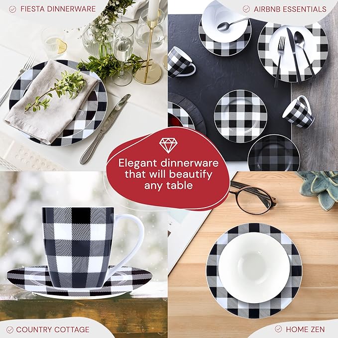 Winter Frost White Black Modern Kitchen Dinnerware Sets Indoor and Plates 16-Piece Plaid Kitchen Plates and Bowls Set with Mugs Dishwasher Safe