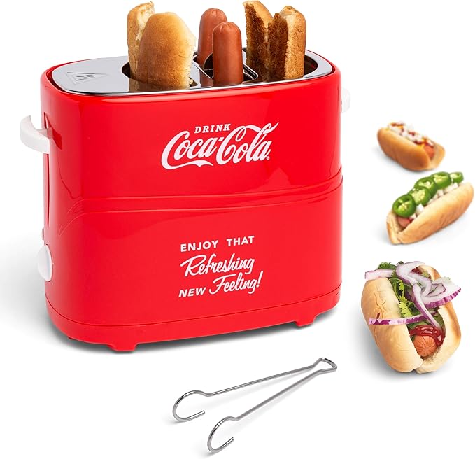 Nostalgia Coca-Cola Hot Dog Toaster - 2 Slot Bun Mini Tongs - Works with Chicken Turkey Veggie Links Sausages and Brats - Coke Red