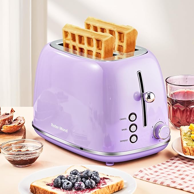 Roter Mond 2 Slice Toaster Retro Stainless Steel with Bagel Cancel and Defrost Functions 6 Bread Shade Settings Extra Wide Slots and Removable Crumb Tray Lavender-Purple
