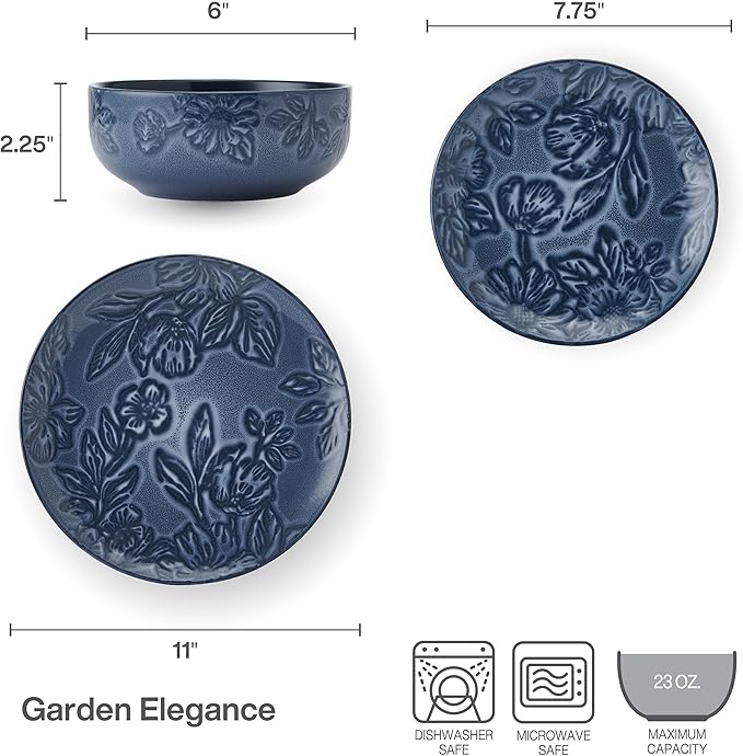 Paltzgraff Garden Elegance 12 Piece Floral Stoneware Dinnerware Plate Bowl Dish Set Service for 4 Blue