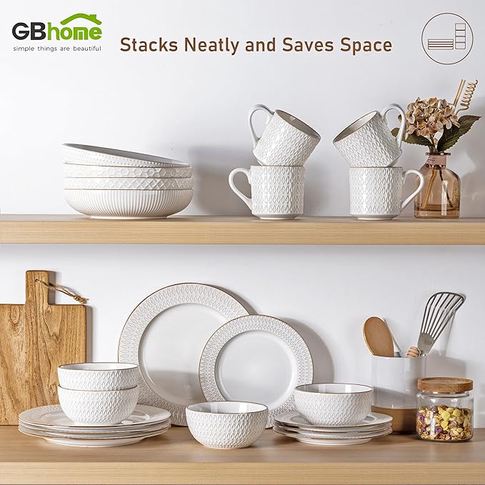GBHOME Ceramic Dinnerware Sets12 pcs Embossed Elegant Stoneware Plates and Bowls Sets Housewarming Wedding Gift | Dishwasher &amp Microwave Safe | Dishes Set Service for 4