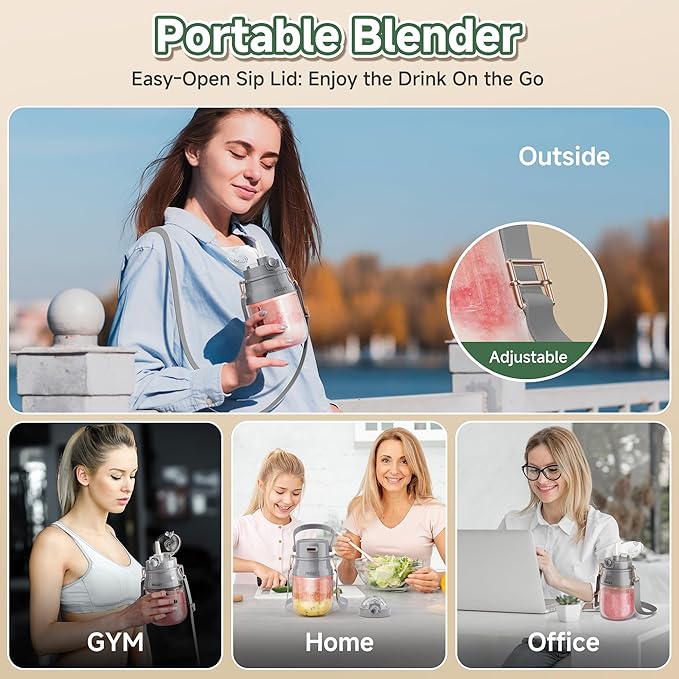 Portable Blender 27oz Personal Blender for Smoothies &amp Protein Shakes with 70W Motor &amp Smart Lock USB-C Rechargeable BPA-Free for Travel/Office/Home/Gym Drink Mixer with Strap Prasky (Ligh