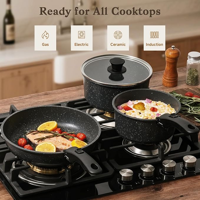 15Pcs Pots and Pans Set Non Stick Cookware Sets with Detachable Handle Nonstick RV Kitchen Cooking Tools Removable Handles Oven Safe Induction Fast Stackable Induction CookwareBlack