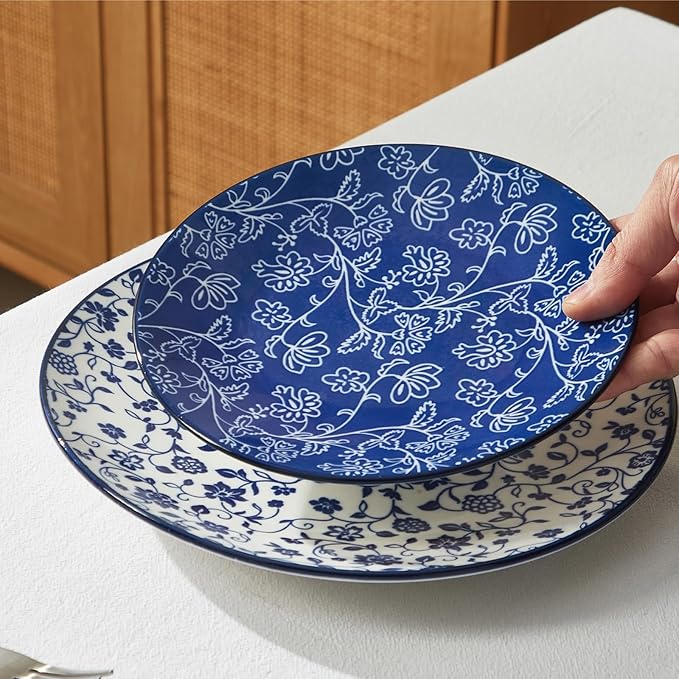 ONEMORE 12 Piece Ceramic Dinnerware Set for 4 Vintage Blue Stoneware Plates &amp Bowls Set - Scratch Resistant Microwave Dishwasher &amp Oven Safe Everyday Family Meals