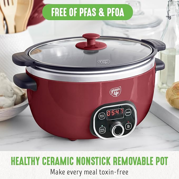 GreenLife Soft Grip 16 Piece Healthy Ceramic Nonstick Cookware Set Pots and Pans Set 6-Quart Slow Cooker PFAS &amp PFOA-Free Dishwasher Safe Oven Safe Versatile Kitchen Essentials Red