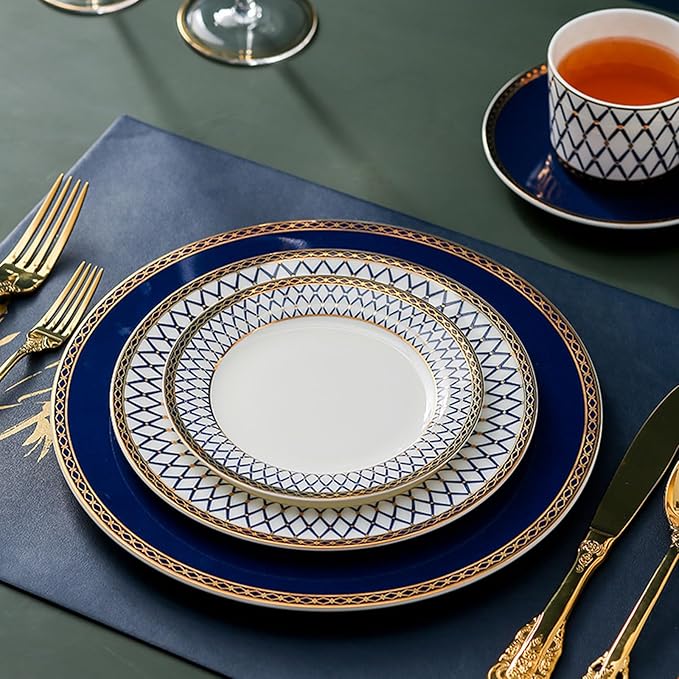 European Style Dinnerware Set Service for 4 Bone China Dinnerware Sets Unbreakable Porcelain Dinner Sets Coffee Cup and Saucer Tableware Set Steak Dinner Plates Dish Set New Blue-003