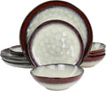 12 Piece Stoneware Dinnerware Set – Ombre Color Rim Plates and Bowls Microwave &amp Dishwasher Safe Dinner Set for 4 (Off White with Red Rim)