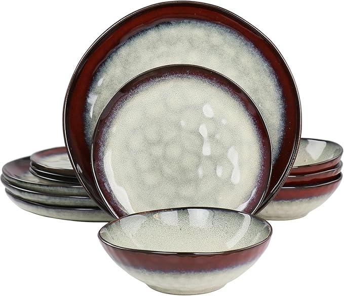 12 Piece Stoneware Dinnerware Set – Ombre Color Rim Plates and Bowls Microwave &amp Dishwasher Safe Dinner Set for 4 (Off White with Red Rim)