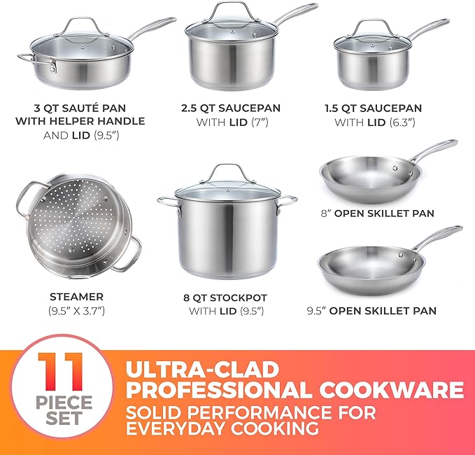Mueller Pots and Pans Set 11-Piece Ultra-Clad Pro Stainless Steel Cookware Set Ergonomic and EverCool Stainless Steel Handle Includes Saucepans Skillets Stockpot Saute Pan Steamer