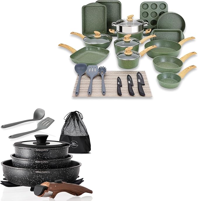Kitchen Academy 30Pcs Bakeware &amp Cookware Set + 10Pcs Rv Pots and Pans Set with Removable Handle Cookware Sets