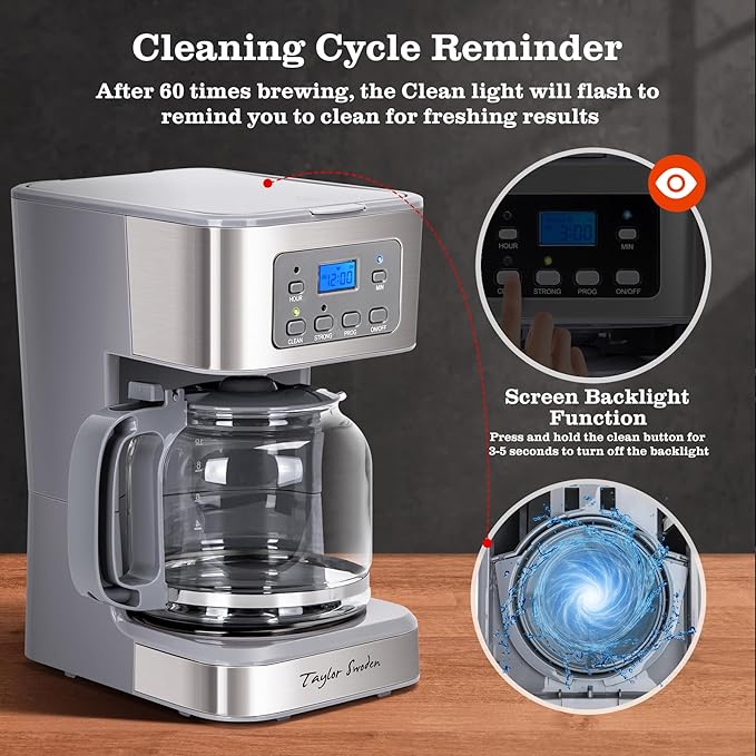 Taylor Swoden 12-Cup Programmable Coffee Maker Regular &amp Strong Brew Drip Coffee Machine for Home and Office Glass Carafe Pause &amp Serve Auto Shut Off Gray &amp Stainless Steel