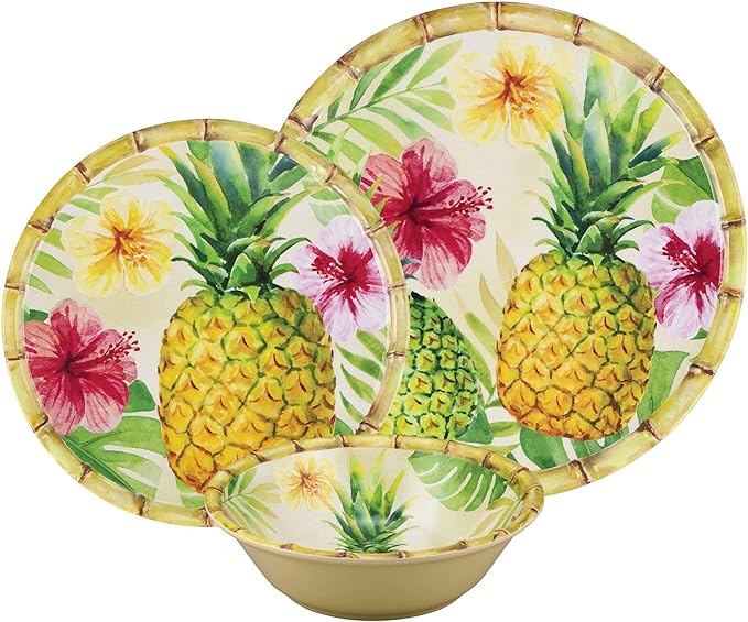 UPware 12 Piece Pineapple Melamine Dinnerware Sets Outdoor Dishes Set Plates and Bowls Sets Service for 4 Multicolor