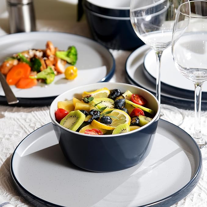 Melamine Dinnerware SetsPlate and Bowl Set for 412 Pcs Dish Set with Lipped EdgesLightweight and Reusable Dishware Sets for CampingDishwasher SafeGood for Housewarming(Navy BlueGray)