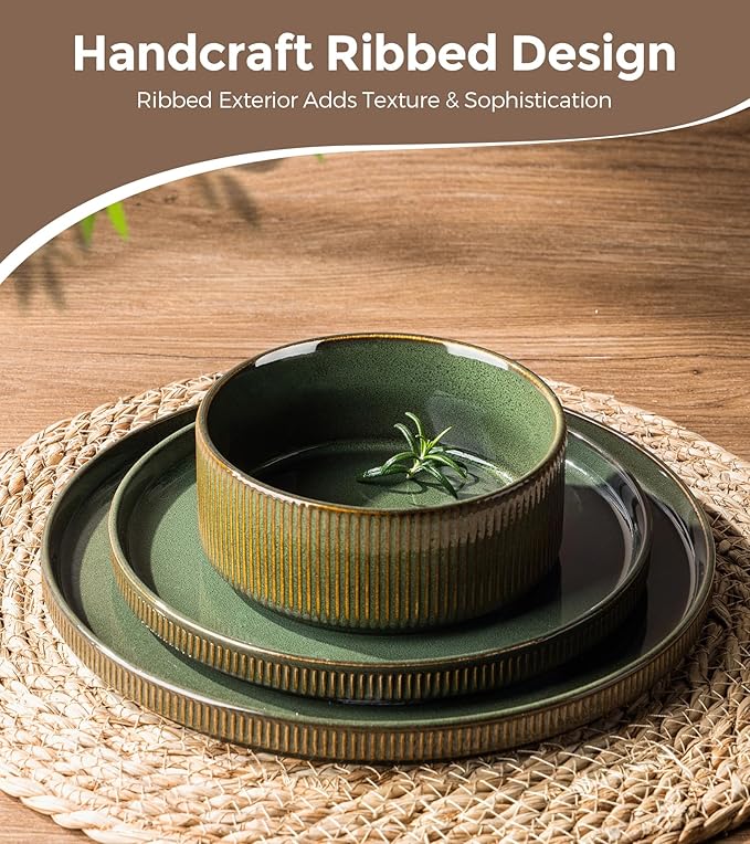 GBHOME Stoneware Dinnerware Sets for 4 12 Pieces Ceramic Ribbed Plates and Bowls Set Reactive Glaze Stackable Plate Sets Scratch Resistant Dishes Microwave &amp Dishwasher Safe Sage Green