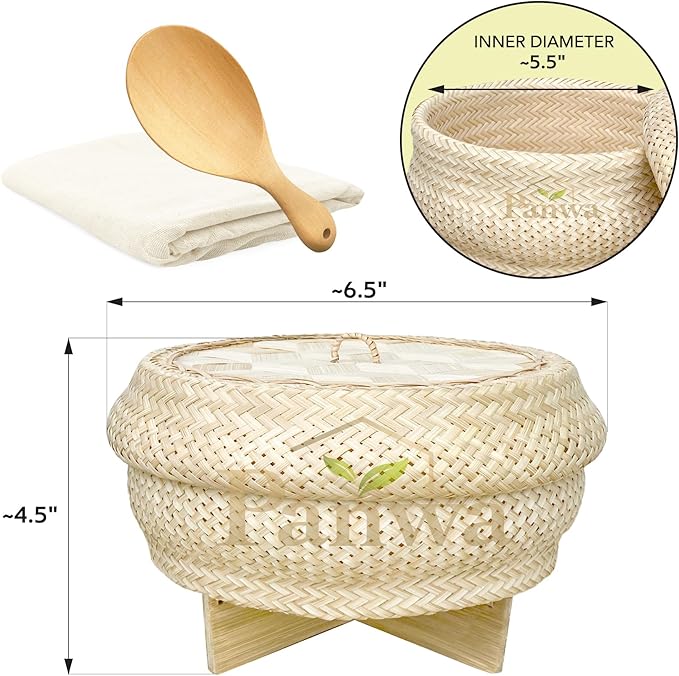 Handmade 100% Natural Thai Bamboo Sticky Rice “Electric Cooker Steamer Set” Small Pot Insert ~ 6.5 Inch Hewn Reed Wicker Woven Lid 16’’ Cheesecloth Filter and Wooden Spoon