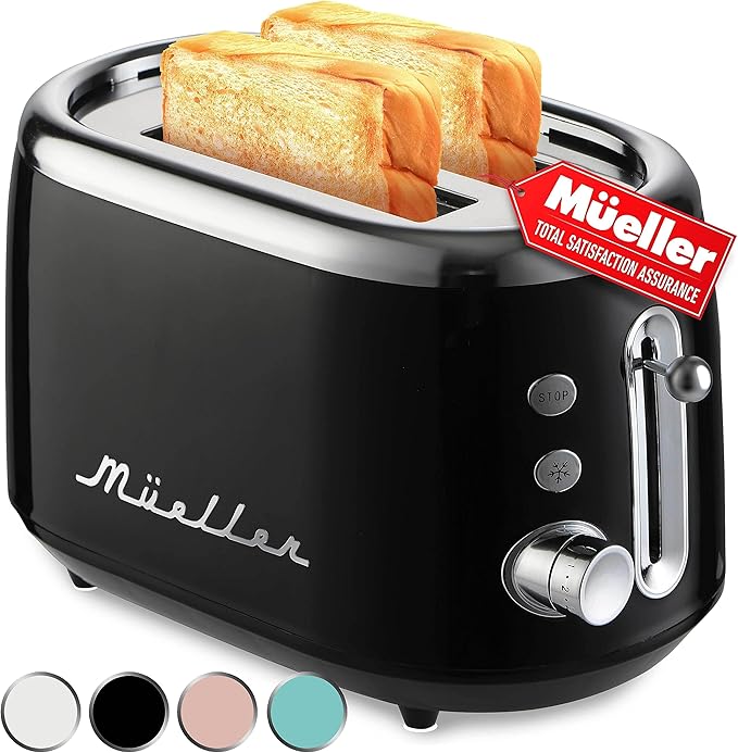 MUELLER HOME Retro Toaster 2 Slice 7 Browning Levels 3 Functions (Reheat Defrost Cancel) Stainless Steel Features Removable Crumb Tray Under Base Cord Storage Black