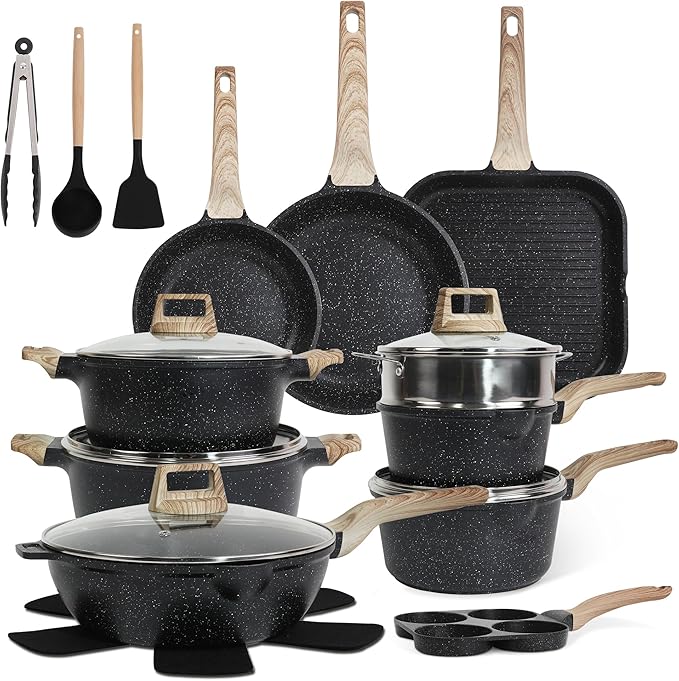 23Pcs Pots and Pans Set Non Stick Kitchen Cookware Sets Granite Induction Cookware Non Stick Cooking Set w/Frying Pans Saucepans Griddle EggPan (Black)