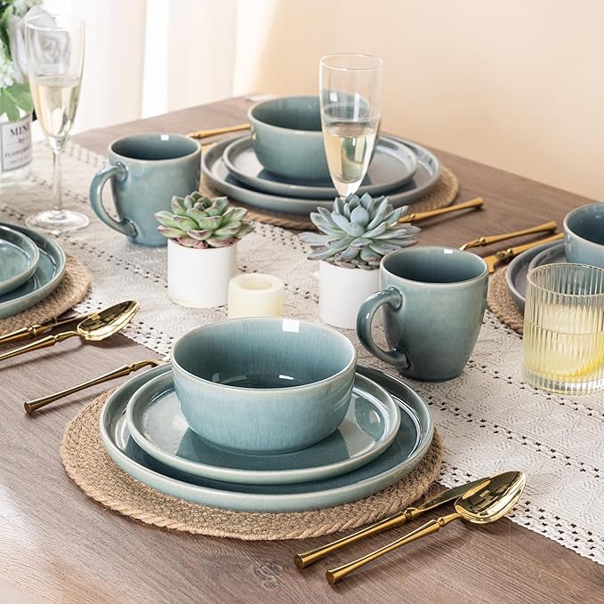 GBHOME Ceramic Dinnerware Sets for 6 18 Pieces Stoneware Plates and Bowls Sets Scratch Resistant Dishes Dishwasher &amp Microwave Safe Reactive Glaze-Malachite Green