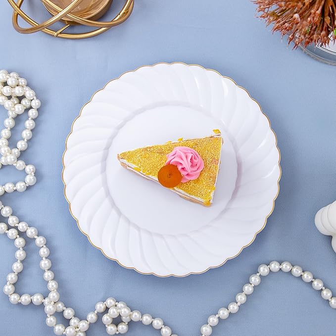 U-QE 100 Pieces Gold Plastic Plates - Premium White Plastic Plates for Party Wedding and Daily Use Including 50PCS 9 '' Plastic Dinner Plates &amp 50PCS 6.5 '' Plastic Dessert Plates