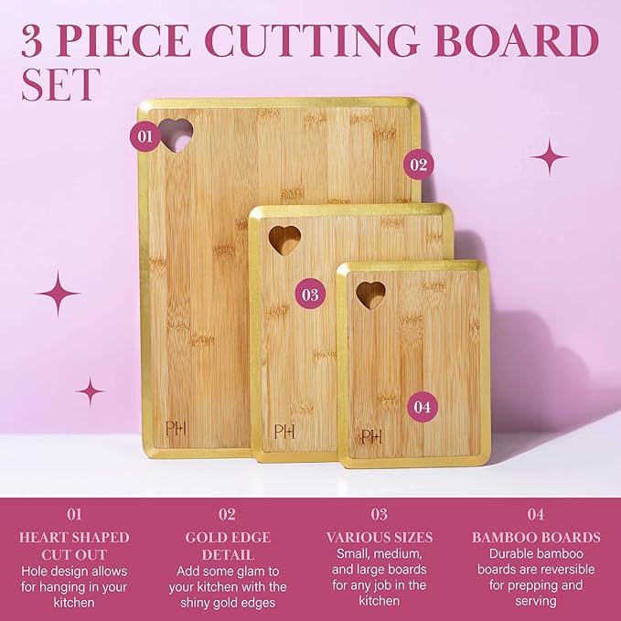 Paris Hilton Reversible Bamboo Cutting Board Set with Heart Shaped Cut-Out Design Glamorous Gold Edge Detail and Multiple Board Sizes 3-Pieces Gold