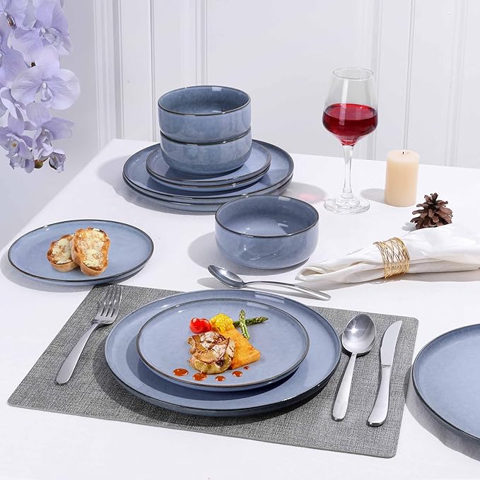 Herogo 6-Piece Stoneware Dinnerware Sets for 2 Stackable Dinner Plates and Bowls Sets Double Reactive Glaze Dishware Place Setting for Kitchen Scratch Resistant Microwave Safe Haze Blue