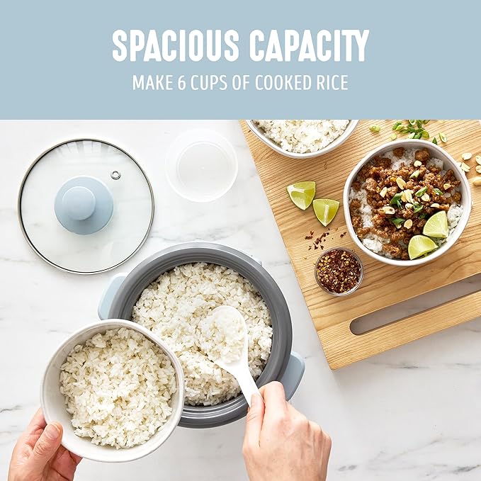 GreenLife Rice Cooker with Removable PFAS-Free Ceramic Nonstick Pot 3-Cups Uncooked/6-Cups Cooked Grains &amp Oatmeal Multicooker Compact One-Switch Design Auto Keep Warm Easy Clean Blue Haze