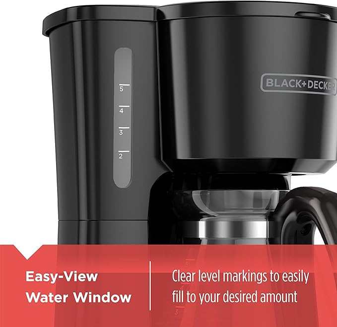 BLACK+DECKER 5-Cup Coffee Maker with On/Off Switch Sneak-A-Cup Feature and Easy-View Water Window Black