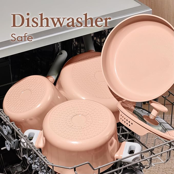 CAROTE Ceramic Cookware Set Nonstick 9pcs Pots and Pans Set Non stick Non-Toxic &amp PFAS-FreeDishwasher RV/Camping Cookware SetSauce Pan with Lid Pink