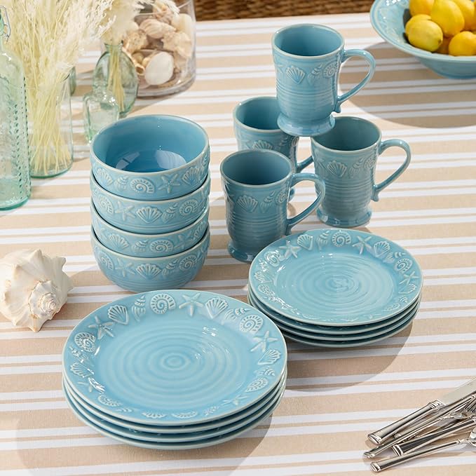Coastline Blue 16-Piece Stoneware DINNERWARE SETSERVICE for 4with embossed coastal shells and starfish durable sea-blue tableware for relaxed coastal living everyday meals