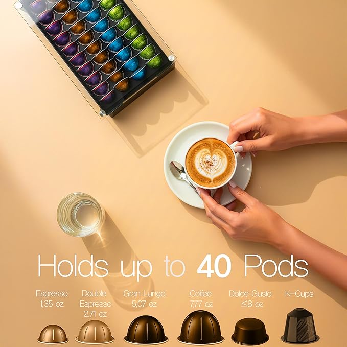 Elegant Coffee Pod Holder with Rail Drawer for Nespresso - 40-Pod Capacity for Nespresso Vertuoline &amp K-Cup Capsule - Tempered Glass and Anti-Slip Base Metal Coffee Pods Organizer