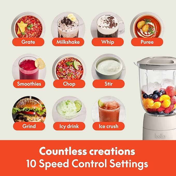 bella 10 Speed Countertop Blender Juicer &amp Smoothie Maker Fits-anywhere™ Kitchenware Slim Flip &amp Store Design Dishwasher Safe 48oz Capacity Pitcher &amp Lid Stainless Steel Blade 450 Wa