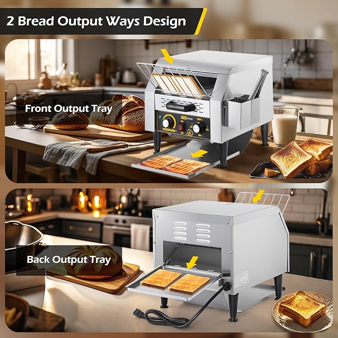 Dyna-Living Commercial Toaster 300 Slices/Hour Conveyor Toaster Commercial 1900W Heavy-duty Stainless Steel Rotating Toasters Oven Restaurant Conveyor Belt Toasters for Bun Bagel Bread