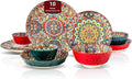 Homevss Boho 10 Pieces Dinnerware Sets Plates and Bowls Set Porcelain Dishes Set for 2 Microwave and Dishwasher Safe Scratch Resistant Bohemian Style Dining Ware Mixed Colors of Green &amp Red